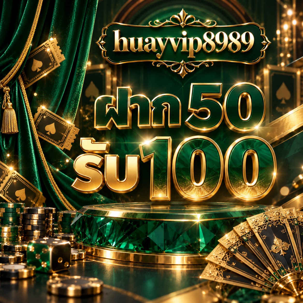 ภาพโปร huayvip8989 ฝาก 50 รับ 100 พร้อมม่านเขียวและไพ่ทอง